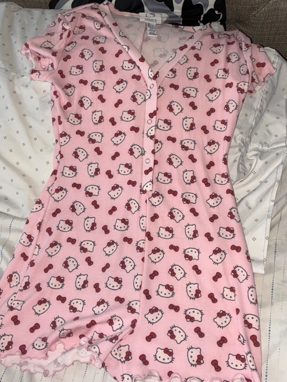 Forever 21 Pink Hello Kitty Short Sleeve Pajama Romper with Bow Print